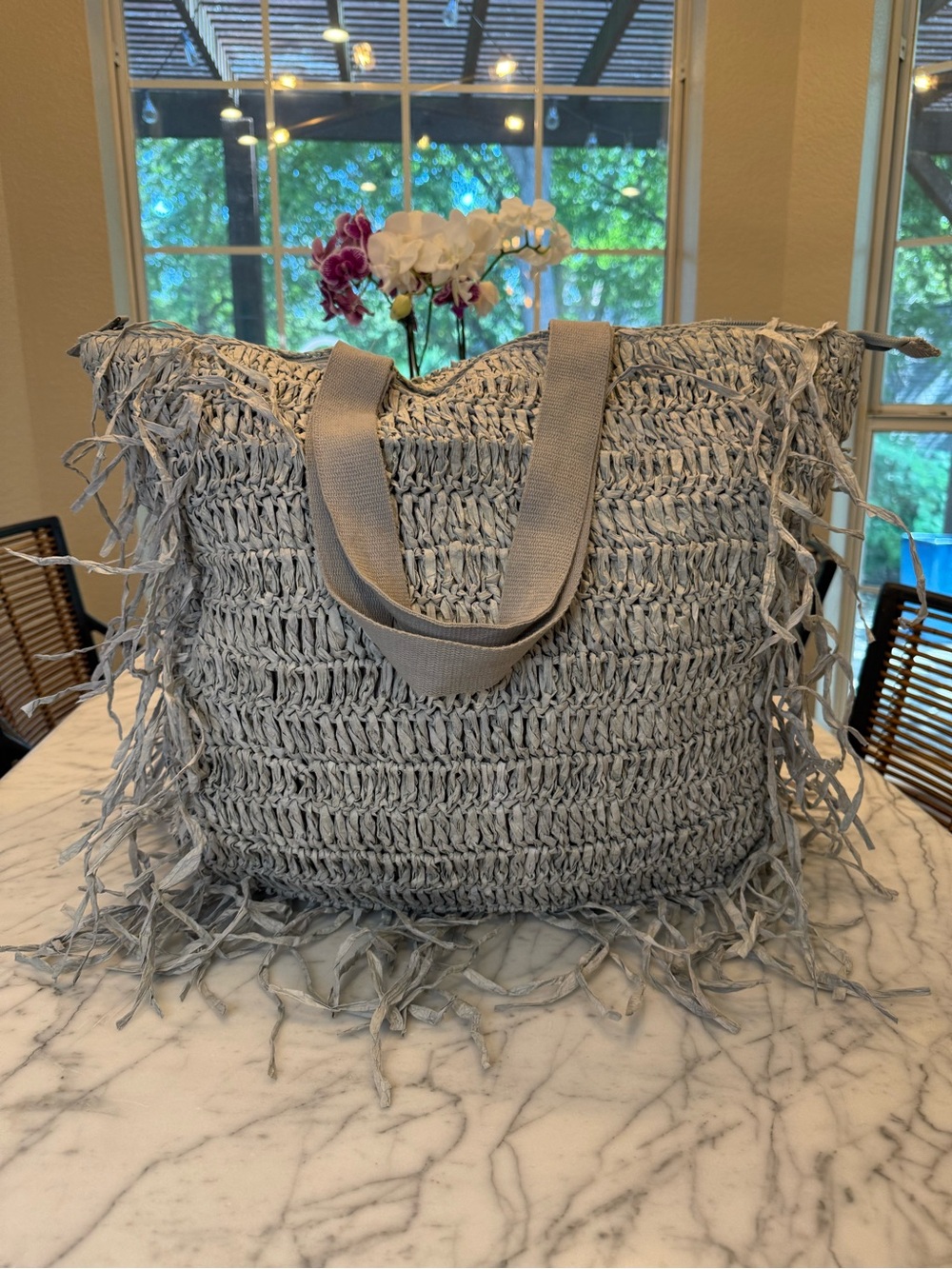 Free People Light Blue Woven Fringe Beach Tote/Backpack